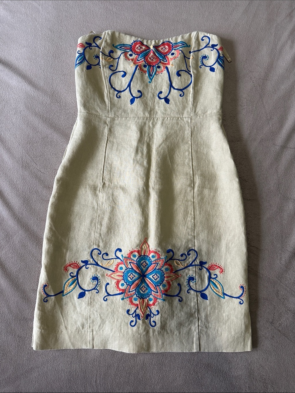 Banana Republic Strapless Cream Dress with Pink & Blue Embroidery
